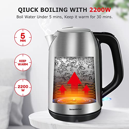 Foto von Bonsenkitchen Wasserkocher Edelstahl 1,7 L, 2200W Elektrischer Wasserkessel mit Kalkfilter, Edelstahlkessel Auto-off & Trockenlaufschutz, ideal für Kaffee, Tee, Haferflocken, BPA-Frei, EK8101