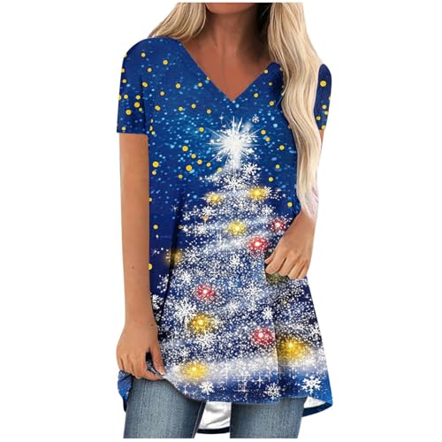 Image of Women Christmas Tshirts Sale Clearance Ladies V-Neck Long Blouse Short Sleeve Tee Pullover Xmas Longline T-Shirts Santa Claus Oversized T Shirt Loose Tunic Tops Snowflakes Jumpers Streetwear
