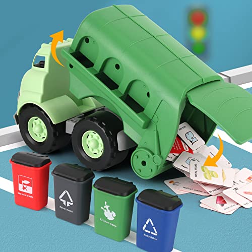 Liberty Imports Big Plastic Garbage Truck Toy, Waste Management Recycling Green Dump Vehicle with 4 Trash Cans and Recycle Sorting Cards for Little Kids, Toddlers - Thumbnail 4