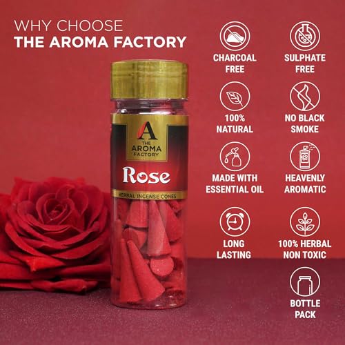Image of The Aroma Factory Incense Dhoop Cone for Pooja, Rose (100% Herbal & 0% Charcoal) 2 Bottles x 30 Cones