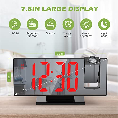 Keekit Projection Alarm Clock, Mirrored Electronic Led Alarm Clock With 7.8In Large Display, Digital Desktop Clock With Usb Port, Snooze Function, 3 Adjustable Brightness, Red #TOP1