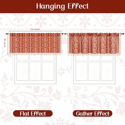 Image of Yinhua Boho Valance Curtains Vintage Linen Kitchen Valances for Windows Light Filtering Floral Valance Rod Pocket Farmhouse Rustic Tassel Window Valances for Bathroom Cafe, 52 inch W X 18 inch L, Terracotta