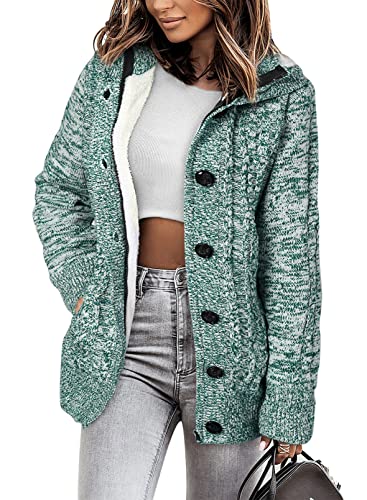 Sidefeel Womens Hooded Knit Cardigans Button Cable Sweater Coat Small Green