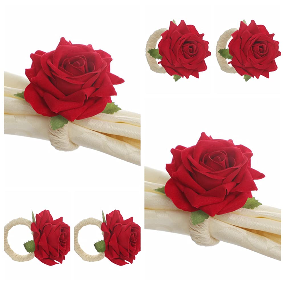 Rose Flower Napkin Rings Set of 6,Handicraft Silk Flower Napkin Holder, Thanksgiving,Christmas,Valentine's,Banquet,Wedding,Party,Dinner Tables Decoration (Red)