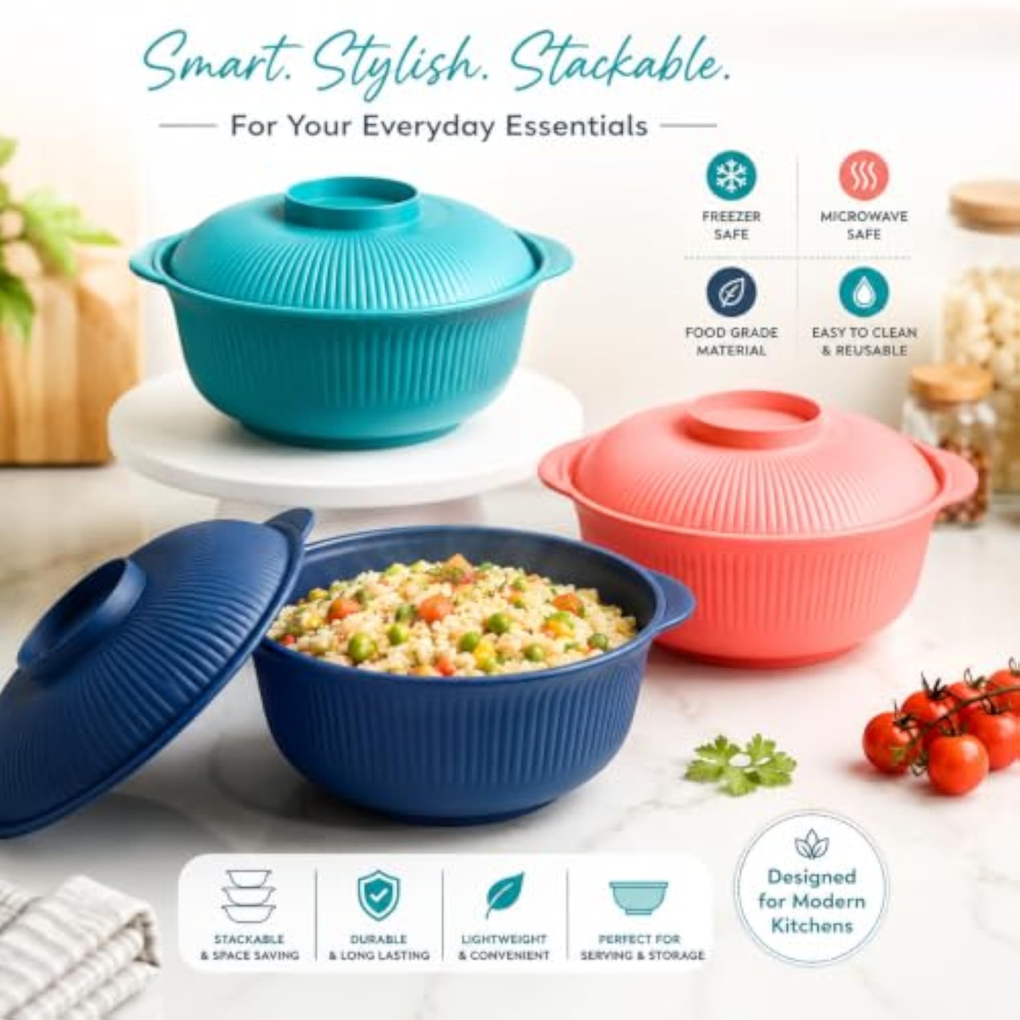 3 Pcs Plastic Bowls with Lids for Kitchen Storage
