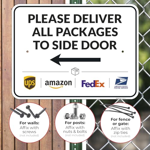 Image of Package Delivery Sign, Delivery Instructions Deliver All Package to Side Door Left Arrow Sign, 18x24 Inches, Rust Free .063 Aluminum, Fade Resistant, Made in USA by Sigo Signs