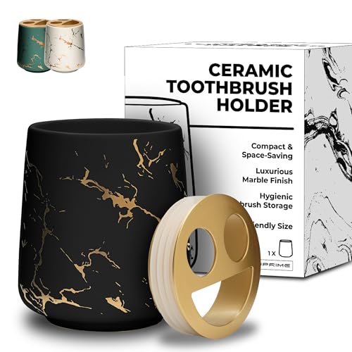 JJ PRIME - Portaspazzolini Da Bagno Ceramica | Aspetto Del Marmo Porta Spazzolini Bagno | Bicchiere Porta Spazzolino Bagno | Porta Spazzolino e Dentifricio Portaspazzolone Organizer Da Bagno (Nero)