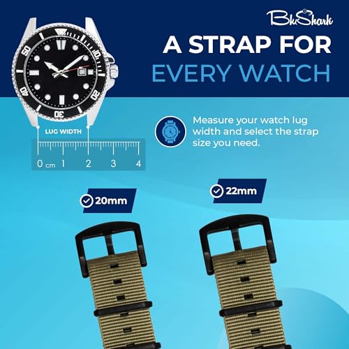 Image of BluShark - Original Collection Military-Style Waterproof Watch Strap, Fits All Timepiece Brands, Durable Nylon Wristwatch Accessories with Stainless Steel Buckle - 18mm, 20mm, 22mm & 24mm Watch Bands