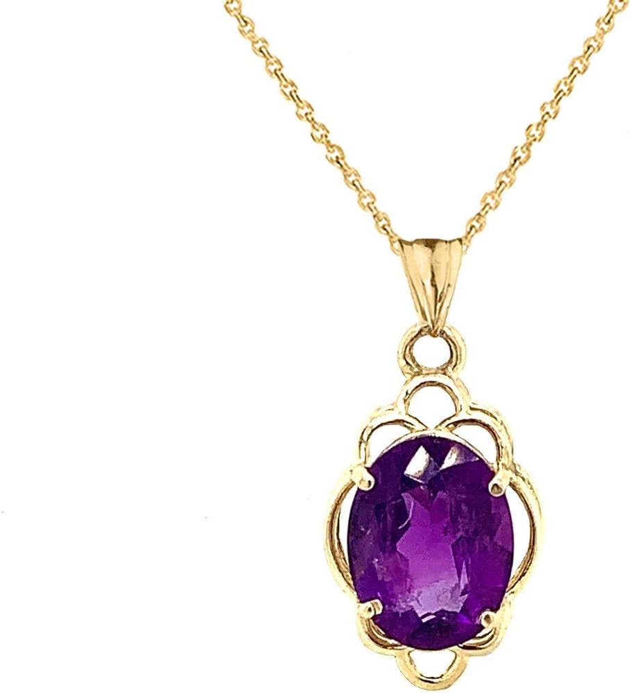 Certified 14k Gold Genuine Amethyst Oval-Shaped Clover Pendant Necklace