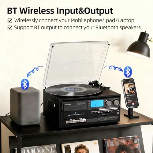 Image of Vinyl Record Player Built-in Speakers 10 in 1 Vintage Turntable with CD Cassette Tape AM FM Radio Function 3 Speed BT Input Output LP Player Support USB SD AUX RCA Playback Auto Stop Retro Wood Black
