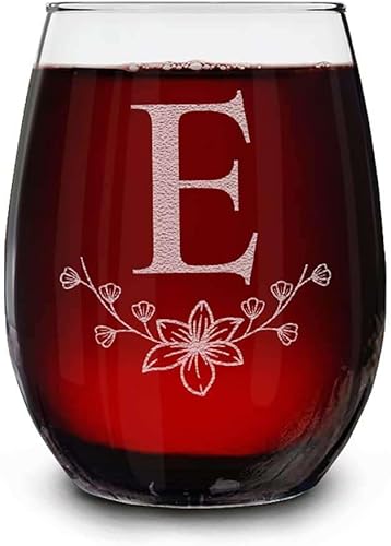 Copa de vino con monograma floral grabada con letra inicial sin tallo, 15 onzas, regalo personalizado con monograma personalizado (E) disponible en Yaxa Guatemala