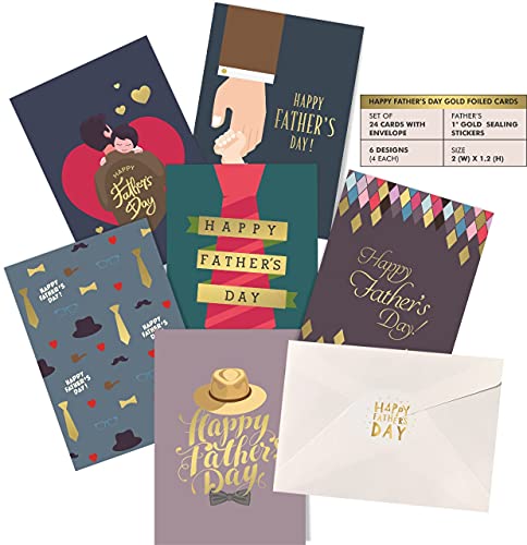 Happy Father's Day Greeting Cards With Envelopes | Pack Of 24 Cards - 6 Assorted Gold Foil Designs Of 4 Each | 5.5 X 4 Inch Blank Foldable Father's Day Cards With Seal Stickers For Friends , Family And Dad. #TOP1