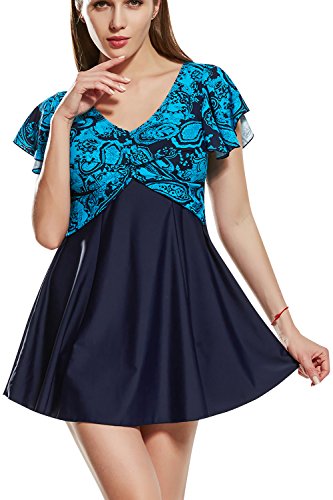 Dolamen Damen Badeanzug Bauchweg, 2018 Neu Zwei Stück Blumendruck Badebekleidung Badekleid mit Shorts, Eingebauter Cup Spa Strandkleid Baden Swimwear Bademode Tankini (EU48, Blau)