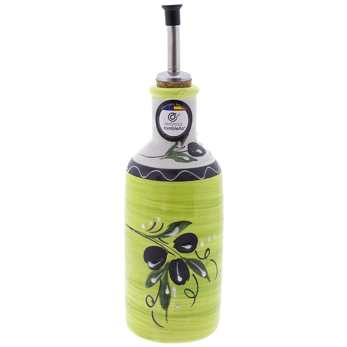 CERÁMICA RAMBLEÑA | Aceitera Amazon Antigoteo | Decoración Aceitunas - Modelo 07 | 500 ml | 100% Decorado a Mano | 7x7x24 cm