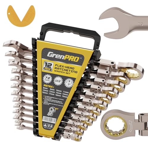 GRENPRO Wrench Set Ratchet Wrench, Ratchet Wrenches Set, 13-Piece Metric Flex-Head Ratcheting Wrench Set Metric and Standard 8-19 mm with Gauge Organizer, 72 Tooth Open End Combination Wrench Sets