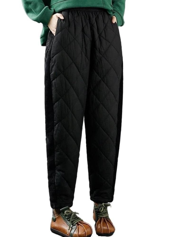Womens Winter Casual Quilted Pants Elastic Waist Padded Pants Wide Leg Lounge Trousers with Pockets