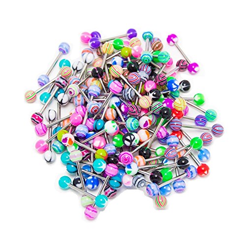 Molyveva 30Pcs 14G Tongue Rings Assorted Surgical Stainless Steel Barbells Body Wholesale Piercing Jewelry