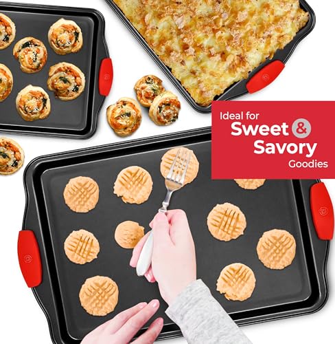 PERLLI Non-Stick 3-Piece Baking Pan Set, BPA-Free Carbon Steel Bakeware Set with Silicone Handles, Stackable Kitchen Oven Set, Cookie Sheet, Baking Tray, Baking Sheet Set, Oven Safe (446°F) - Image 8