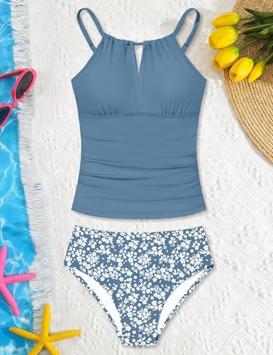 Girls Swimsuit Halterneck 2 Piece Girl Swimsuit with Floral Print Shorts Ruched Girls Tankini Swimsuit 11-18 Years4