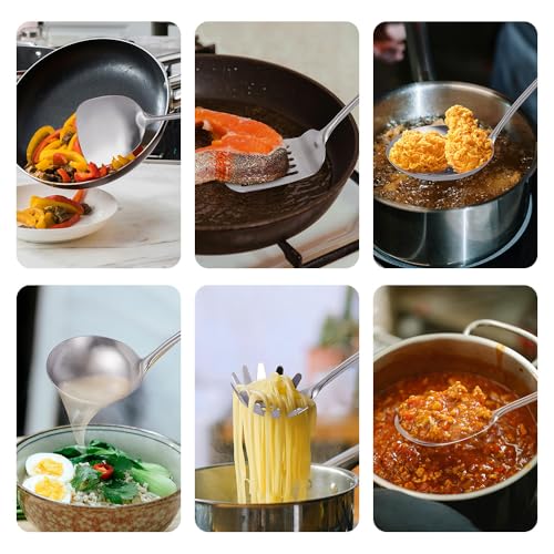304 Stainless Steel Kitchen Utensils Set, VALESKA 6 PCS Metal Cooking Utensils Set, metal spoon,Wok Spatula, Ladle, Skimmer Slotted Spoon,Serving Large Spoon, Slotted Spatula Tunner