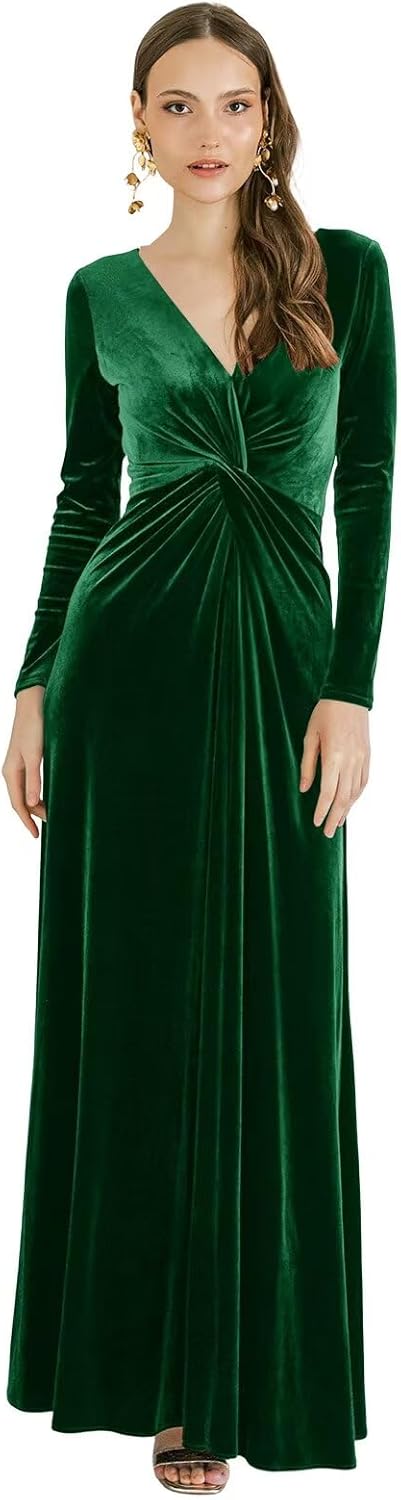 Velvet Long Sleeve Wedding Guest Dresses Empire Waist V Neck Bridesmaid Formal Gowns