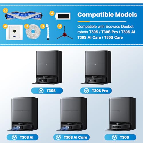 Image of 22 Pcs Accesories Kit for ECOVACS DEEBOT T30S / T30S PRO / T30S AI / T30S AI CARE Vacuum, Replacement Parts Include 1Rubber Brush, 4 Filters, 6 Pads, 6 T30S Dust Bag, 4 Side Brush and 1 Cleaning Tool