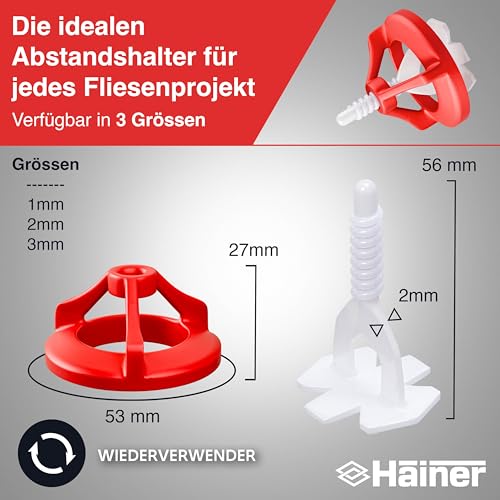 Hainer® Fliesen Nivelliersystem – 300-tlg Fliesenverlegehilfe Starterset/Nachfüllpack, perfekte Fliesen Abstandshalter für saubere Ergebnisse (Set 100 Hauben + 200 Laschen, 3mm)