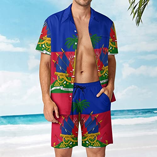 Men's Haiti Flag Button-Up Shirt Hawaiian Shirt Party Beach Suit Dry Surfing Beach Shorts with Pockets S2