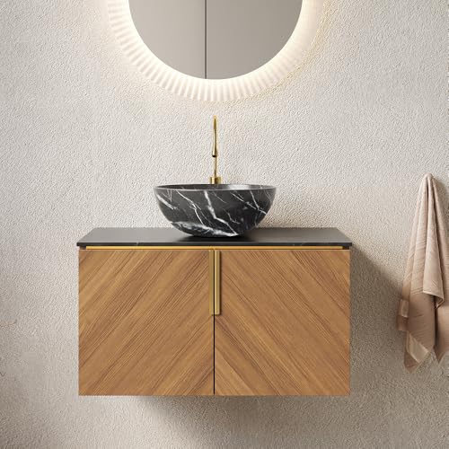 30'' Floating Vanity Bathroom with Sink, Espresso Wall Mounted Modern Plywood Vanity, Bathroom Cabinet Vanity with Double Doors, Black Sintered Stone Countertop-Florence, Black Bowl Ceramic Basin -  RAINLUX