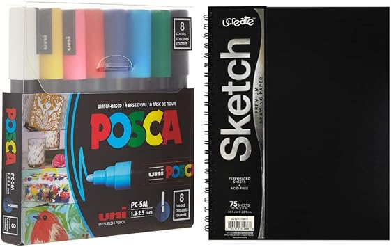 posca 8-Color Paint Marker Set, PC-5M Medium & Pacon UCreate Poly Cover Sketch Book, Heavyweight, 12" x 9", 75 Sheets