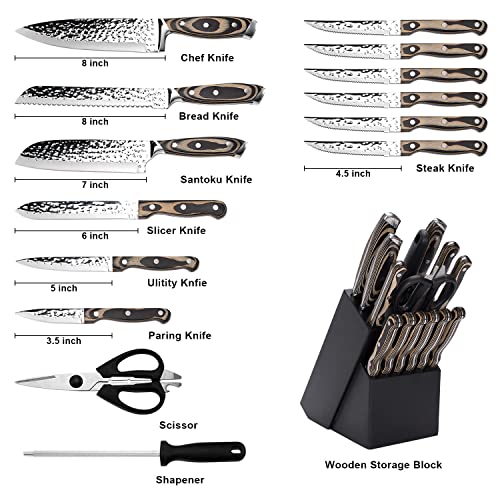 Knife Set,15 Pieces Kitchen Knife Set With Wooden Block,High Carbon Japanese Stainless Steel Knife Block Set,Ultra Sharp, Full-Tang Design ,Irregular Hammer Pattern #TOP1