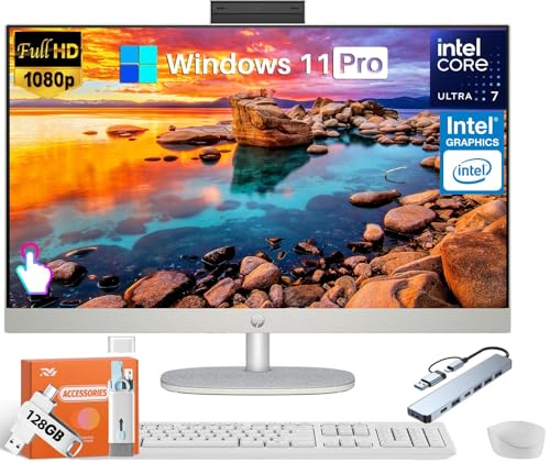 Image of HP 27 inch FHD Touchscreen All-in-One Desktop, Intel 12-Core Ultra 7 155U(Up to 4.8GHz), 32 GB DDR5 RAM, 2 TB SSD, Adjustable Angle, Intel Graphics, Wireless KB & Mouse, Windows 11 Pro, w /Accessories