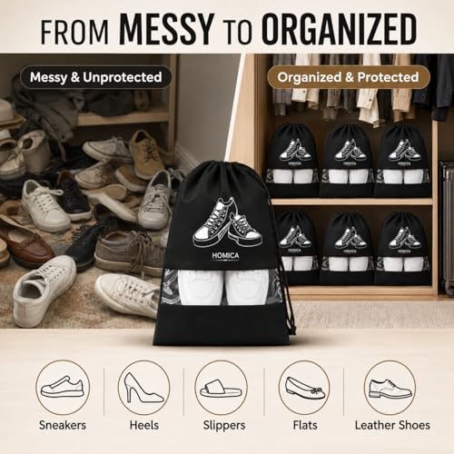 Image of Shoe Bags for Travel, Non-Woven Pouches with Transparent Window, Reusable Storage Organiser for Gym, Luggage, Wardrobe, Black, (Pack of 6)
