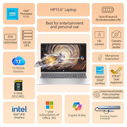 Image of HP 15.6 inch Laptop - Complete Productivity Solution, Windows 11 with Microsoft Office, Intel 4 Core N100, 8GB RAM, 128GB UFS, 512GB SD Card, Copilot AI, Lightweight - Silver