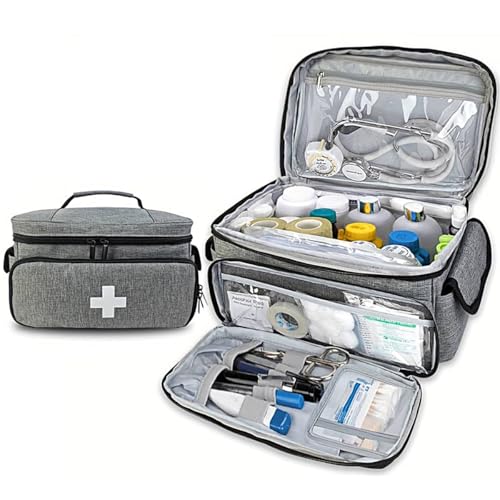 Sarini Medical Supplies Bag,First Aid Bag Empty,Nurse Bag with Detachable Dividers for Home Health Care,Hospice Visit,Travel,Or Emergency Event (Gray，Bag Only)