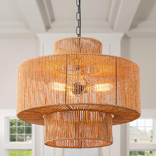 Large Rattan Pendant Light Fixture Dinning Room Chandelier Boho Hanging Light 3-light Chandelier Basket Lamp Shade Hand Woven Pendant Light for Kitchen Island Hallway Bedroom Farmhouse Living Room