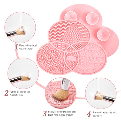 Diolan Makeup Brush Cleaning Mat & Drying Rack - 28 Holes Brush Holder, Silicone Rubber Clover Shaped Mat Cleaner - Black & Pink