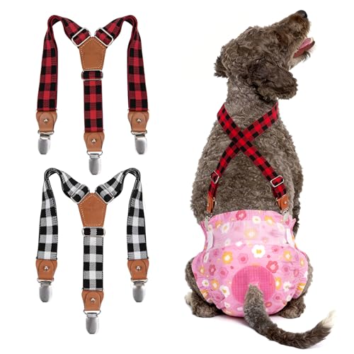 Image of Pet Soft Dog Suspenders 2 Pieces Female Dog Diaper Suspenders for Dogs Diaper Keeper Suspender for Dogs Skirt, Dogggy Dress (Plaid, S /M)
