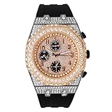 ICE STAR Orologio da uomo con cinturino in silicone con cassa ottagonale ghiacciata da 43 mm, ORO ROSA-NERO, mens-standard, Iced Out