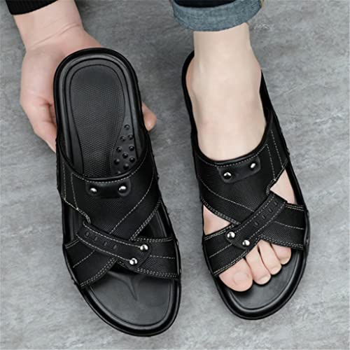 Leather Slides Slippers Men Fashion Casual Slip on Shoes Flat(D,7.5code)2