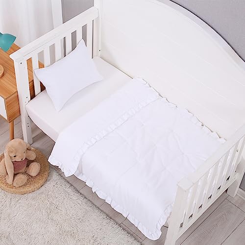 Image of JISEN 3 Piece Baby Bedding Set - Soft Ruffle Crib Comforter Set with Quilt, Sheet, Pillowcase - Nursery Bedding for Boys or Girls - White