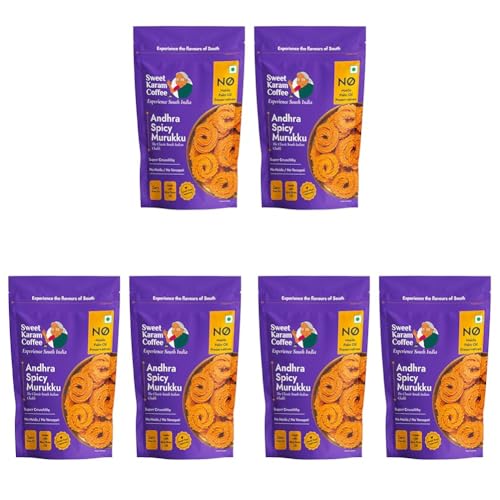 Image of SWEET KARAM COFFEE Andhra Spicy Murukku | No Palm Oil | No Preservatives | South Indian Chakli | Crispy & Fresh Tea-Time Namkeen | Festive Special Snack | Spicy Crunchy Treat | 95 G Pack of 6