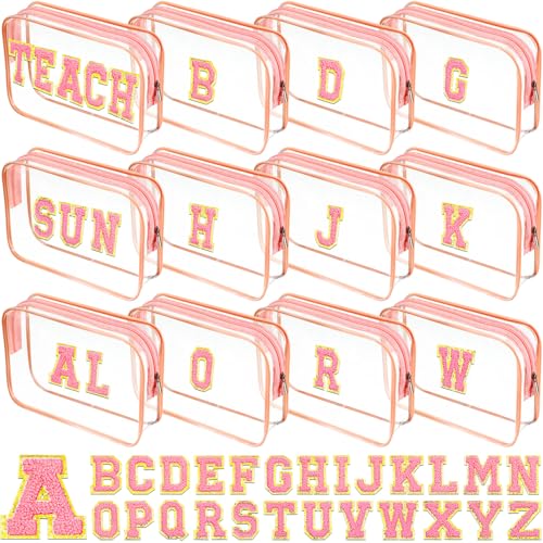 12 Personalized Initial A-z Preppy Patch Clear Makeup Bag Initial Letter Beach Travel Toiletry Cosmetic PVC Bag DIY Chenille Sew Letter Patches End of the Year Gifts(Pink, Pink Letters)