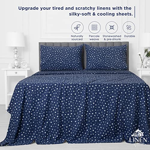 Image of Linen Home Cotton Lyocell Blend Percale Sheet Set Queen Size - 4 Piece Deep Pocket Bedding, Pre-Washed & Shrunk, Crisp Cooling Fabric, Fade-Resistant, Hotel Luxury, Wrinkle-Free - Polka Navy
