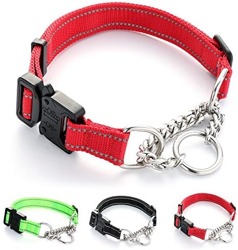 NIKPET Reflective Martingale Dog Collar with Metal Buckle and Miami Cuban Link Chain Safety Heavy Duty Adjustable Nylon Collars for Small Medium Large Dogs(Red, M)
