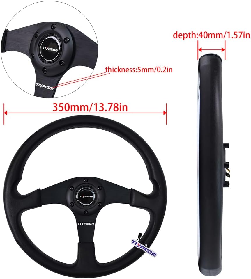 Universal 340mm/13.8inch Racing Drift Steering Wheel PU and Aluminum Frame 6 Bolt Flat Bottom with Accessories for Boat/Golf Cart/Racing Adventure Car/Car Sim Driving Steering Wheel （Black）