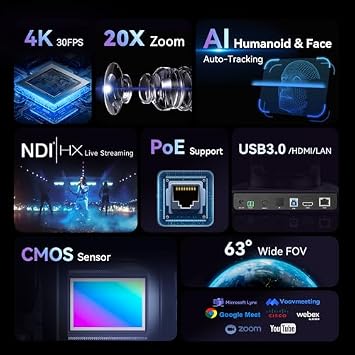 Tenveo PTZ Camera and Controller Bundle/Kits - 4K 20X AI Auto Tracking HDMI/USB3.0/LAN(PoE) NDI PTZ Camera(3PCS) and 7'' Quad-Screen NDI Joystick Controller for Church Service Events Live Streaming