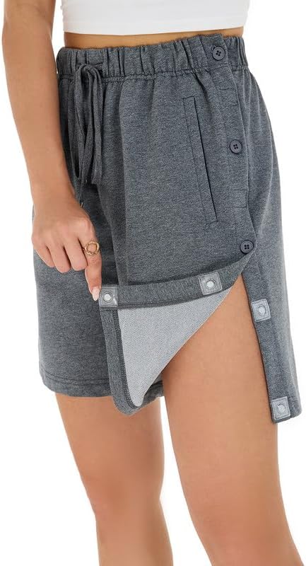 Women’s Adaptive Post-Op Tear Away Shorts, Magnetic Side Open Breakaway Sweat Shorts, Reinforced Secure Closure, Pockets