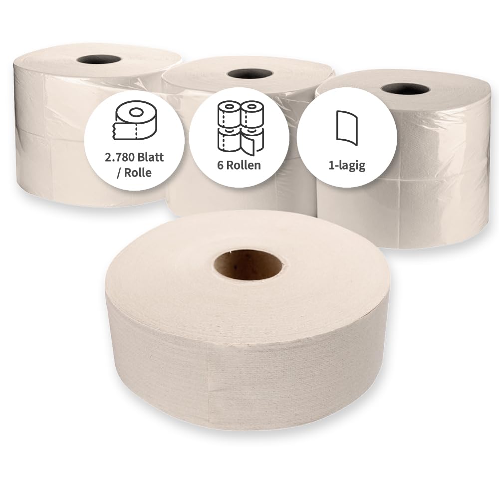 6 Stück Hygoclean Toilettenpapier, Jumbo, 1-lagig | Recyclingpapier, natur, B: 9cm, Ø: 25cm, Kerndurchmesser: 6cm, Laufmeter: 500m, Abrisse: 2780, Toilettenpapier, Klopapier, Rollen