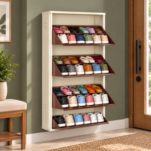 Image of DELITE KOM AIRO 24 inch 8 Shelf Double Decker Metal Shoe Rack Wall Mount for Home with Lock | Air-Vent Panels Keep Shoes Odour-Free | 24 Shoes /40 Slippers | 1Yr Warranty | 54x24x8 Ivory Coffee | DIY